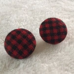 Vintage red and black plaid button earrings